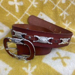Made in Spain heavy silver tone brown leather belt.